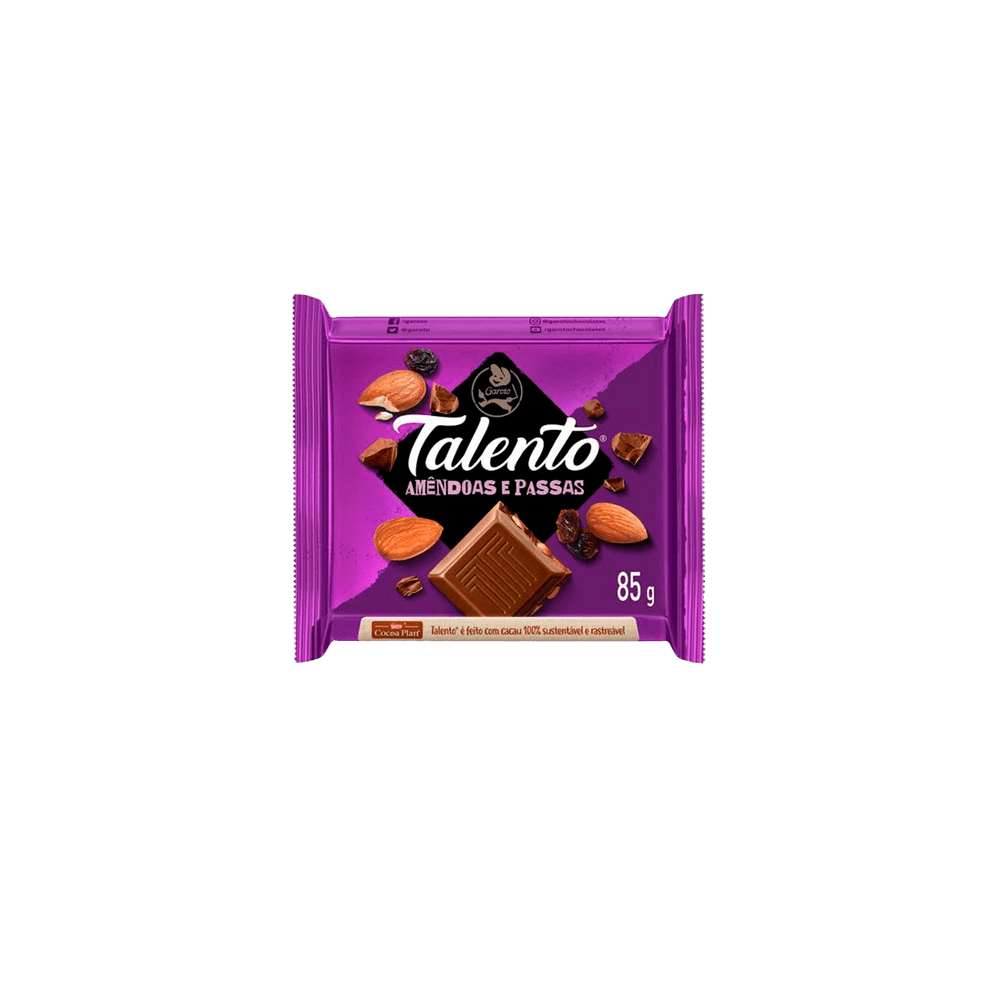 CHOCOLATE GAROTO TALENTO BARRA 85G AMENDOAS/PASSAS cricare